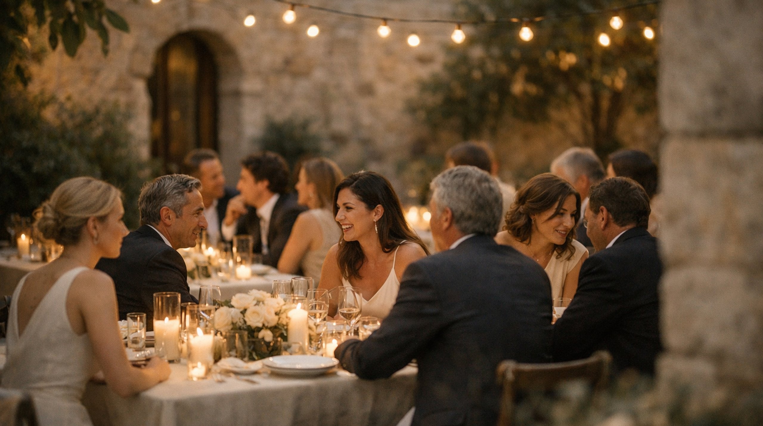 Group of six adults at a wedding photo booth holding playful props including glasses, mustaches, and a sign reading 'BEST DAY EVER!' with floral decorations and warm lighting.