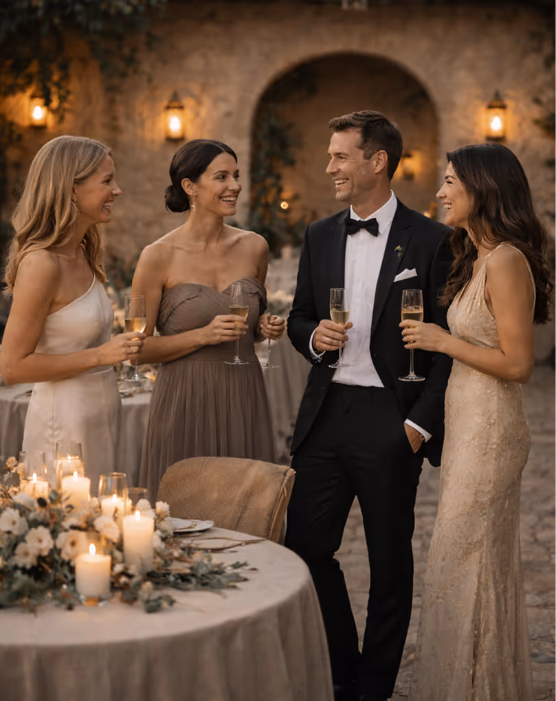 Four elegantly dressed people holding champagne glasses and smiling outdoors near a decorated table with candles and flowers.