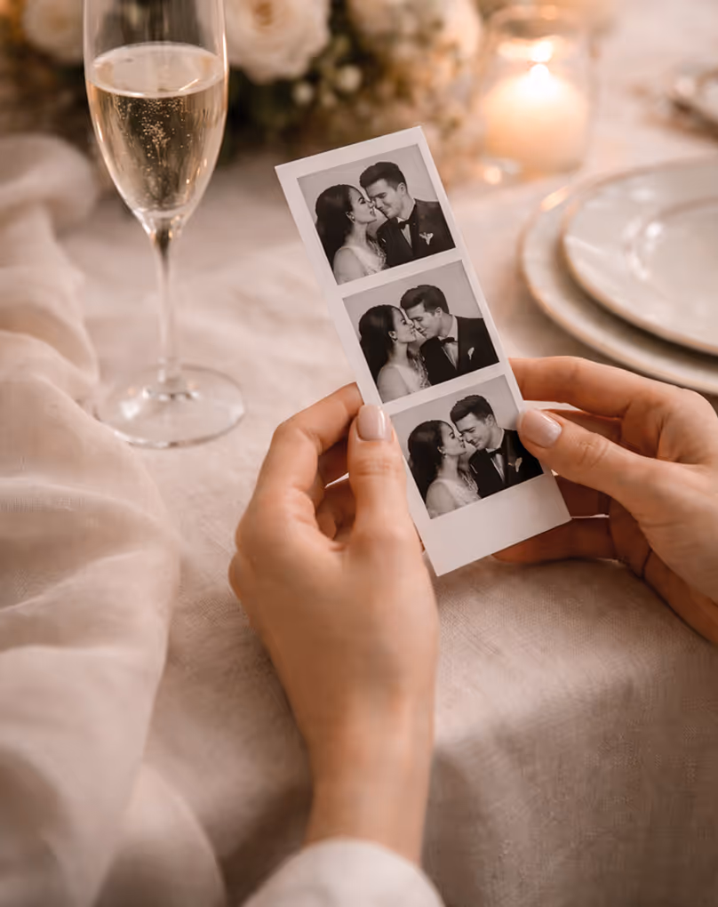 Hands holding a photo strip with three black-and-white images of a bride and groom kissing, next to a champagne flute and a softly lit table setting.