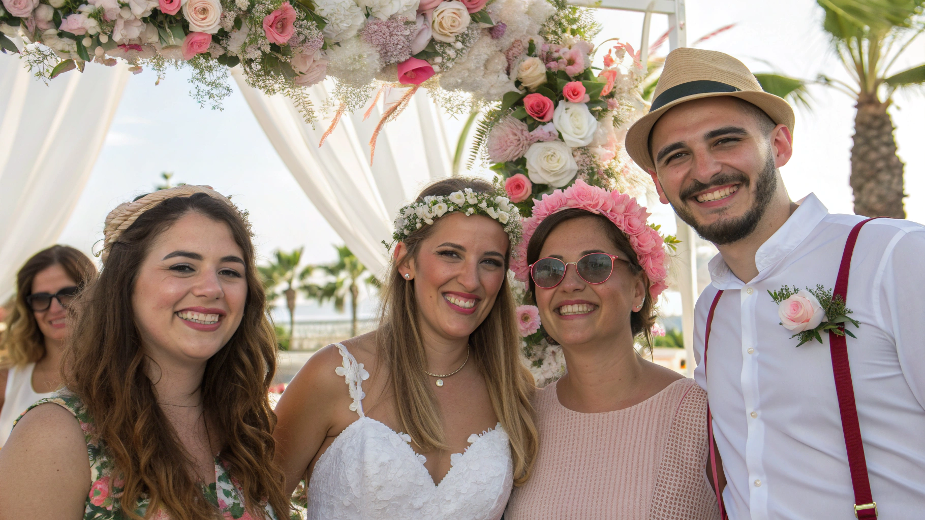 Four smiling people at a wedding, including a bride in a white dress and floral crown, outdoors with floral decorations.