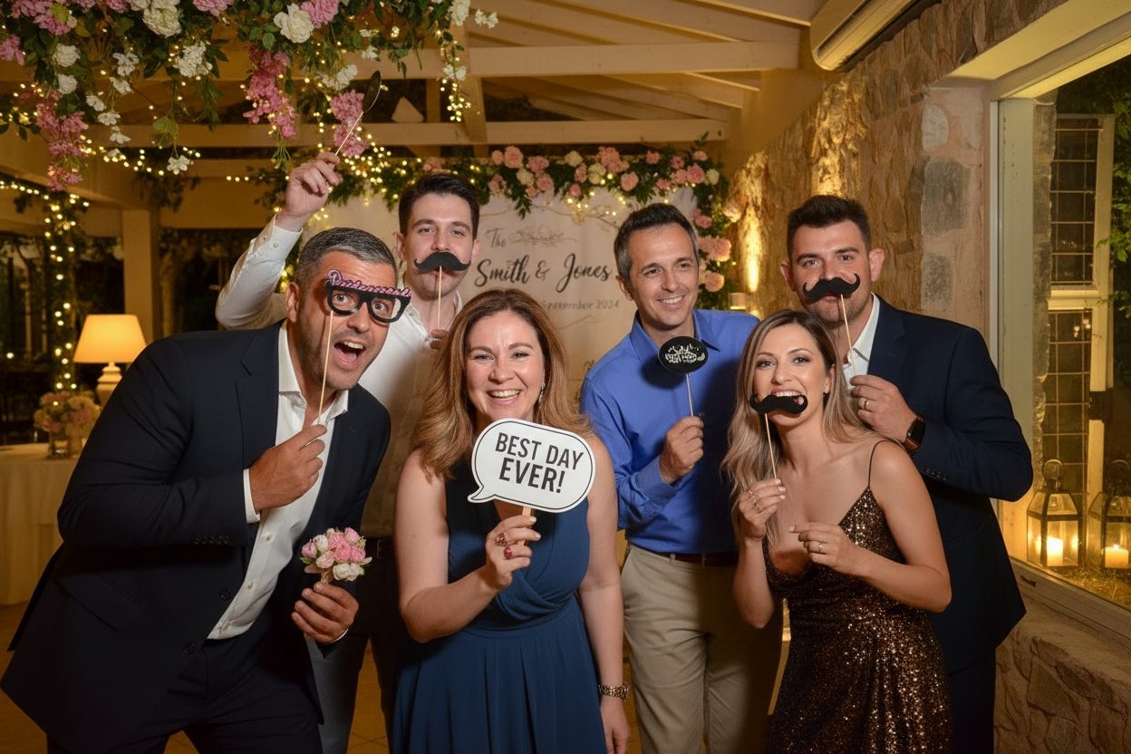 Six adults smiling and posing indoors at a decorated event, holding playful photo props including mustaches, glasses, and a sign reading 'BEST DAY EVER!'