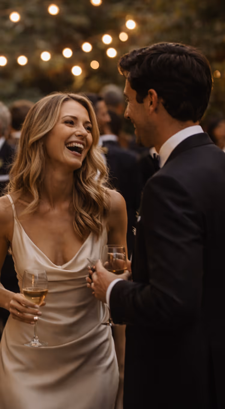 A woman in a cream dress laughing and holding a wine glass while talking to a man in a dark suit holding a wine glass at an outdoor evening event with string lights.