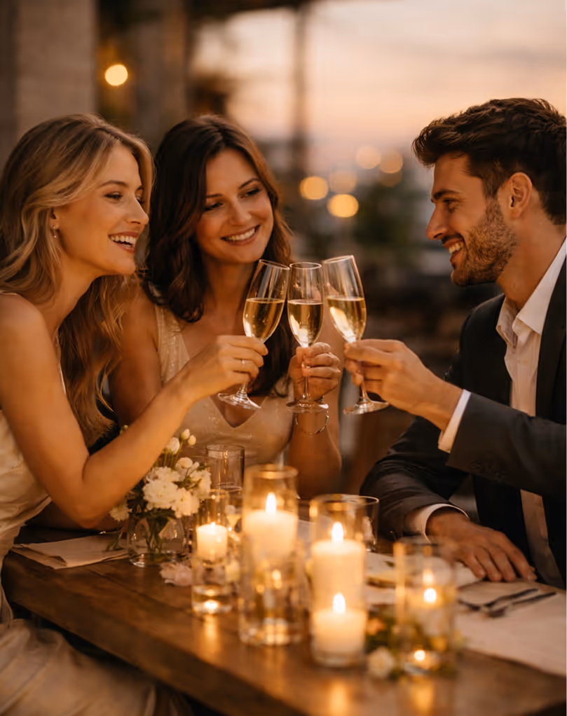 Three people raising champagne glasses in a toast at a candlelit dinner table decorated with white flowers.